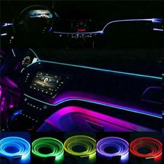 the interior of a car with various colored lights