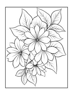 a black and white drawing of flowers with leaves on the bottom, in a square frame