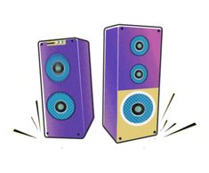 two colorful speakers are shown with one speaker facing the other and missing its front end