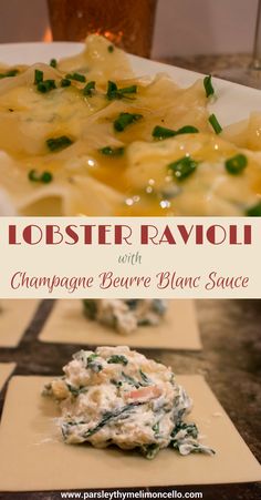 lobster ravioli with champagne beurre blanc sauce on a checkerboard table