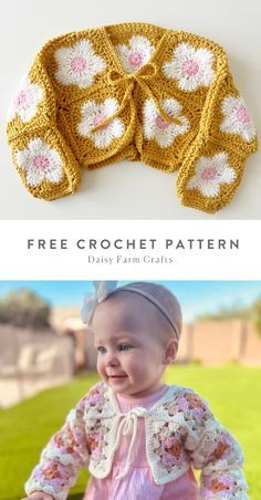 a crochet pattern for a baby's jacket with flowers on the front and back