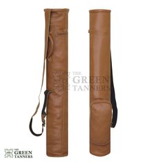 a pair of brown leather cases with straps on each side and the bottom one open