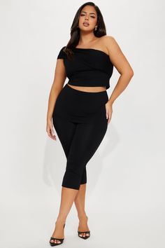 Available In Mocha And Black. Capri Set One Shoulder Top Sleeveless Capri Waistband Foldover Stretch 92% Rayon 8% Spandex Imported | Kylina Capri Set in Black size Large by Fashion Nova Stretch Elastane Tube Top, Black Sleeveless Crop Top With 4-way Stretch, Versatile Stretch Sleeveless Tube Top, Stretch Bandeau Workout Tops, Sleeveless Elastane Yoga Tops, Versatile Sleeveless Elastane Crop Top, Sleeveless Athleisure Top For Night Out, Fitted Sleeveless Tube Top For Workout, Versatile Sleeveless Crop Top With 4-way Stretch