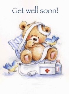 a teddy bear sitting on top of a box with a bandage around its neck and the words get well soon above it