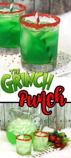 two glasses filled with green liquid and strawberries next to the words, the grin punch