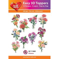 an image of flowers with the words easy 3d toppers on it's back