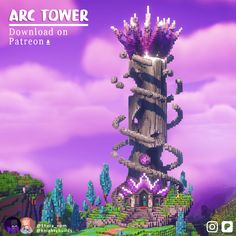 an image of a tower in the sky with trees and bushes on it's sides