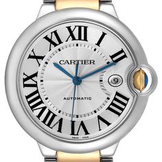 Cartier Ballon Bleu Silver Dial Steel Yellow Gold Mens Watch W69009Z3. Automatic self-winding movement. Caliber 049. Round stainless steel case 42.1 mm in diameter, 13 mm thick. Fluted 18k yellow gold crown set with the blue spinel cabochon. Stainless steel smooth bezel. Scratch resistant sapphire crystal. Silver guilloche dial wth black Roman numerals. Blued steel sword shaped hands. Date calendar at 3 o?clock. Stainless steel and 18K yellow gold bracelet with push button double deployant clasp Cartier Calibre, Cartier Ballon Bleu, Patek Philippe Aquanaut, Blue Spinel, Rolex Air King, Royal Oak Offshore, Gold Watch Men, Date Calendar, Blue Steel