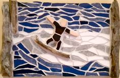 a stained glass mosaic depicting a man surfing