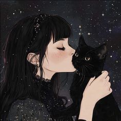 a woman kissing a black cat with stars in the background