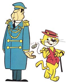 an image of a cartoon character with a cat on the ground next to him and another person in uniform