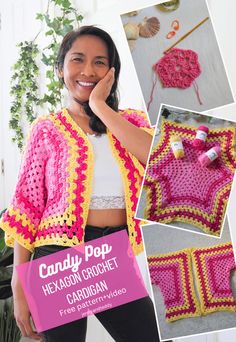 a crocheted cardigan is featured in the book candy pop hexagon crochet