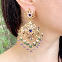 pakistani jadau earrings designs Jadau Earrings, Blue Sapphire Studs, Sapphire Beads, Emerald Blue, Hanging Beads, Sapphire Studs, Bollywood Jewelry, Earrings In Gold, Indian Jewellery