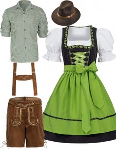 Couple Green Oktoberfest Beer German Lederhosen Costume German Costume Women, Diy Oktoberfest Costume, Octoberfest Outfits, Oktoberfest Costume Women, Traditional German Clothing, German Traditional Dress