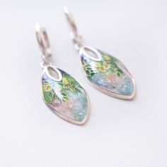 Lemon Tree Drop Enamel Earrings Cloisonne Enamel Sterling - Etsy Green Teardrop Enamel Jewelry, Elegant Hand Painted Green Earrings, Nickel-free Enamel Drop Earrings, Green Enamel Earrings With Artistic Design, Enamel Teardrop Jewelry With Matching Earrings, Hand Painted Dangle Jewelry, Artistic Enamel Drop Earrings, Artistic Design Enamel Drop Earrings, Teardrop Enamel Earrings For Gifts