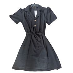 Womens Black Short Sleeve Shirt Dress Small Rockabilly Pinup Style Joie De Vivre Casual Collared Dress For Night Out, Casual Collared Party Dress, Casual Collared Dress For Party, Fitted Black V-neck Shirt Dress, Black Collared Shirt Dress For Summer, Casual Short Sleeve Shirt Dress For Party, Black Shirt Dress For Summer Party, Summer Party Black Shirt Dress, Casual Short Sleeve Shirt Dress For Night Out