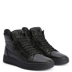 High-top lace-up sneakers in leather with two tonal side zips and rubber sole. Leather Lace-up High-top Sneakers With Zipper, Sporty Leather High-top Sneakers With Zipper, Leather Sneakers With Zipper For Streetwear, Black Sneakers With Zipper Closure For Streetwear, Black Zipper Closure Sneakers For Streetwear, Black Leather Sneakers With Zipper Closure, The Tongue, Signature Hardware, Black Side