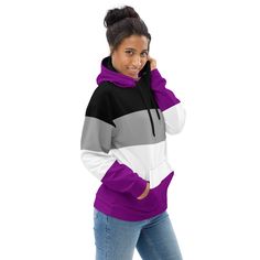 Stay cozy and warm whilst proudly showing off your asexuality with this amazing asexual flag hoodie. Ideal LGBTQIAA pride wear for pride month and as ace week outfit. If you love bold clothing this hooded asexual sweatshirt is a must-have item. STYLE GUIDE• Stylish loose fit• Cozy and soft• Vibrant colors• Brushed fleece fabric inside• Double-lined hood with design inside and out• All-over print hoodie - inside is white• Printed, cut & sewn to orderMATERIAL95% recycled polyester and 5% spandex Trendy Purple Hooded Sweatshirt, Trendy Hooded Purple Sweatshirt, Purple Cotton Sporty Hoodie, Sporty Purple Hoodie Sweatshirt, Sporty Purple Cotton Hoodie, Trendy Purple Hoodie With Drawstring, Trendy Purple Hoodie For Fall, Trendy Purple Fall Hoodie, Trendy Purple Winter Hoodie