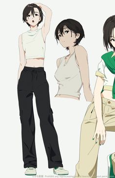 three anime characters are standing next to each other, one is wearing a white shirt and the other wears black pants