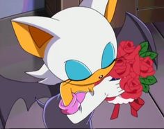 an animated cat holding a bouquet of flowers