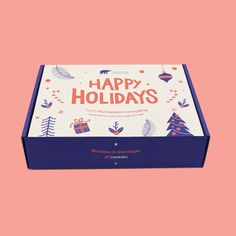 the happy holidays gift box is shown on a pink and blue background, it's open