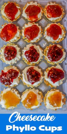 mini cheesecake phylo cups with jelly on top in a plastic container and text overlay that reads, cheesecake phylo cups