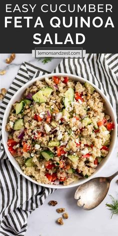 a bowl filled with cucumber and feta quinoa salad