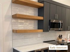 a kitchen with gray cabinets and white counter tops