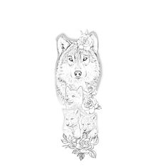 a drawing of a wolf with flowers on it's head and two cubs in the background