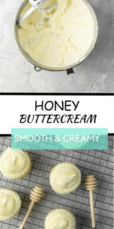 honey buttercream frosted cupcakes on a cooling rack