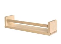 a wooden shelf with two hooks on it