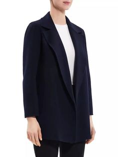 Crafted of double-faced wool and cashmere, Theory's sleek open-front coat showcases polished notch lapels and side on-seam pockets. This relaxed design flaunts an elegant silhouette..Notch lapels.Long sleeves.Side on-seam pockets.Slips on.90% wool/10% cashmere.Dry clean.Imported.SIZE & FIT.About 29' from shoulder to hem.Bust, about 37'.Waist, about 40'.Model measurements: 5'10' tall.Model is wearing a US size Small.Please Note: Compared to the Brand's Size Guide, this style measures true to size..ABOUT THE BRAND.In 2000, founders Andrew Rosen and Elie Tahari launched Theory with a focus on innovative, comfortable stretch pants for women. Since then, the New York-based brand has become well-known for its mastery of polished, well-tailored separates for women and men..Crafted of double-faced Elegant Cashmere Outerwear, Elegant Long Sleeve Cashmere Outerwear, Long Sleeve Outerwear With Welt Pockets, Career Outerwear With Long Sleeves And Welt Pockets, Career Long Sleeve Outerwear With Welt Pockets, Elegant Wool Coat With Lapel Collar In Cashmere, Elegant Cashmere Wool Coat With Lapel Collar, Sleek Outerwear With Concealed Placket For Evening, Fitted Cashmere Long Coat