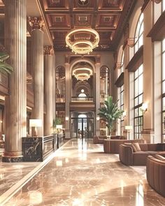 an elegant lobby with high ceilings and large windows