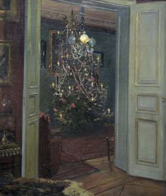 a painting of a living room with a christmas tree in the corner and an open door leading to another room