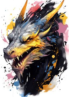 the head of a dragon with yellow and black paint splattered on it