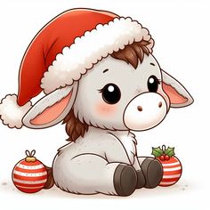 a cartoon donkey with a santa hat sitting on the ground