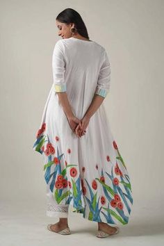 Shop for Tanu Malhotra Ivory Kurta-double Gauze Floral Hand Painted Tunic And Pant Set for Women Online at Aza Fashions White Asymmetrical Hem Tunic For Spring, Asymmetric Tunic, V Neck Tunic, Work Party, Double Gauze, Pant Set, Color Ivory, Set For Women, Aza Fashion