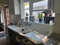 a kitchen sink sitting under a window next to a counter top with plants on it