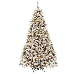 a white christmas tree with lights and snow on the top, against a white background