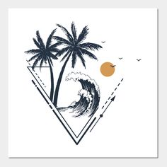 a poster with palm trees, waves and an orange sun