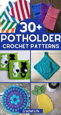 crochet patterns for potholders are featured in the book, 30 + potholder crochet patterns