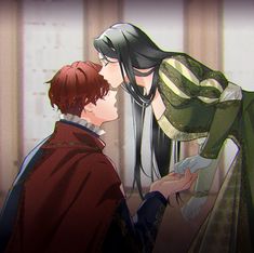 two anime characters one is kissing the other has red hair and green eyes, both are dressed in medieval clothing