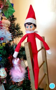 an elf is sitting on top of a ladder next to a christmas tree with ornaments