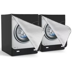 two speakers are shown side by side with one speaker folded over it's head