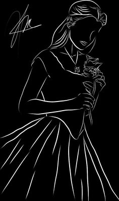 a black and white drawing of a woman holding flowers