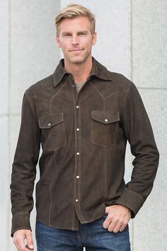 Crafted in plush goat suede and lined in acetate twill, this versatile shirt serves as a standalone or can be worn open, jacket style. Free shipping   returns. Men's Leather Jackets, Western Denim Shirt, Open Jacket, Lakme Fashion Week, Vintage Suede, Man Style, Sport Coats, Leather Shirt, Leather Jacket Men