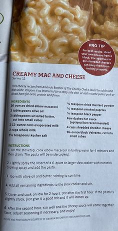 the recipe for creamy macaroni and cheese is shown in an open cookbook