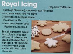 the instructions for royal icing are displayed in front of a box with cookies on it