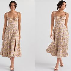 You'll Feel Ultra Feminine In The 'Carmen' Dress That's The Perfect Match For Summer Garden Parties. It's Cut From Stretch Cotton In The Prettiest Floral Print And Has A Corseted Bodice To Cinch The Fit With A Beautiful Lace Up Back. The Gathered Bust Has A Drawstring Tie And The Side Split Adds A Little Sexiness To Reveal A Flash Of Leg. It's Fully Lined For Comfort And Has A Zip To The Left Side For Easy On. The 'Regular' Cup Option Suits Cup Size A-C Whilst The 'Bigger' Cup Option Suits Cup S Purple Floral Print Midi Dress For Garden Party, Bustier Sundress, Summer Garden Parties, Carmen Dress, Black Peplum Dress, Black Lace Mini Dress, House Of Cb Dresses, Draped Midi Dresses, Peony Print