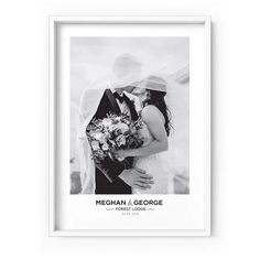 a black and white photo of a couple holding each other with the words, mehan & george printed on it